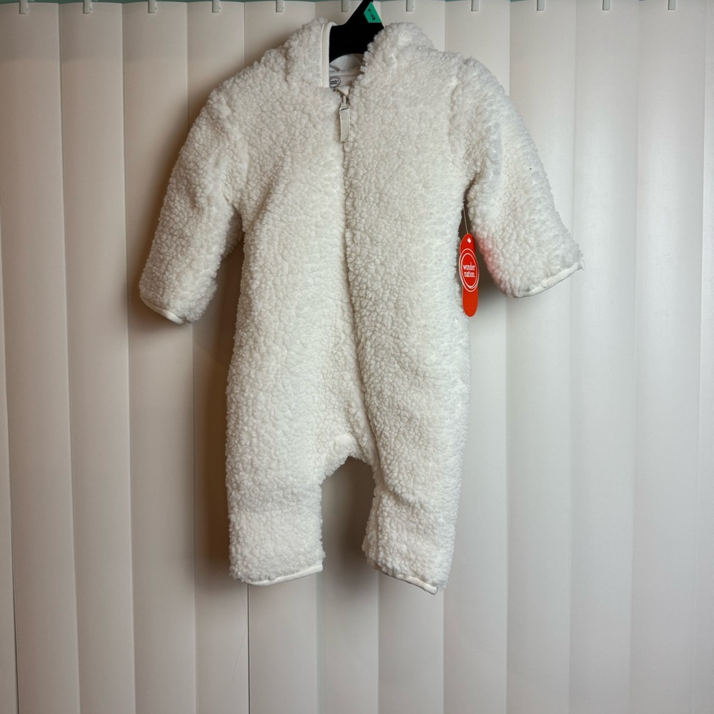 Wonder Nation Baby White Teddy Fleece Pram Onsie For 6-9 Months Old